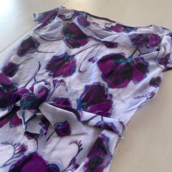 Worthington Sheer Top Blouse Floral Tie Belt Chiffon Ladies Medium M - Picture 4 of 7